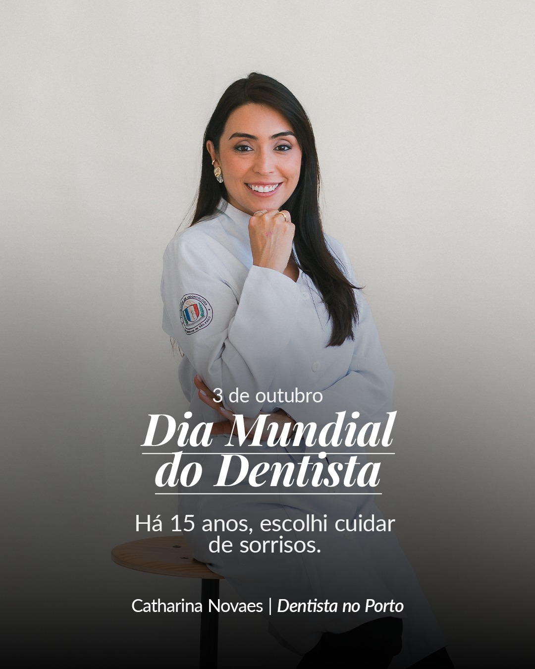 Dentist Catharina Novaes celebrating 15 years as a dentist on World Dentist Day, reflecting on her journey from Brazil to Portugal